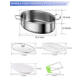 TAOCIGOU Stainless Steel Fish Steamer Set, Large Oval Steamer Pot Cooker with Glass Lid, Multi-Use Steamer Cookware for Fish Soup Chicken Cooking (Gold)