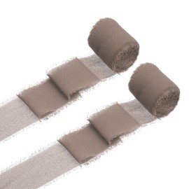 uxcell 2 Rolls Chiffon Ribbon, 1.5 Inch x 5 Yard Handmade Fringe Silk Frayed Ribbon for Flower Bouquet Wrapping Wedding Decoration Bridal DIY Crafts Light Brown