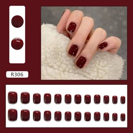 24Pcs Full Cover Reusable False Nails Kits, Press on Nails Square Short Length, Artificial Fingernails Acrylic Fake Nails for Women, Glue on Nails With Designs, Stick on Nails Coffin Shape(R306)