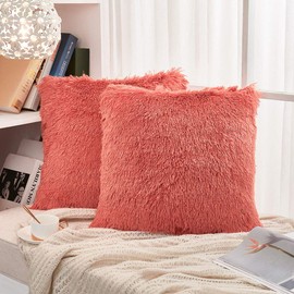 JAUXIO Set of 2 Long Faux Fur Soild Decorative Pillowcase Fluffy Throw Pillow Cover Velvet Shaggy Plush Cushion Case for Couch (Coral Orange, 18"X18")