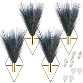 Hanaive 4 Sets Boho Wall Decor Metal Wall Art Hanging Planters with Artificial Pampas Display Modern Home Vase for Bedroom Home Office(Mazarine, Turquoise, Peacock Blue, Light Gray,Gradient Blue)