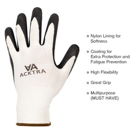 ACKTRA 24 pairs, Crinkle Rubber Coated Safety WORK Gloves for Gardening, Construction, Warehouse, for Men & Women, White Polyester Black Latex Coating, Bulk Pack WG008, X-Large