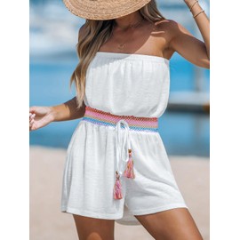 CUPSHE Women Swimsuit Coverup Strapless Tube Beach Cover Up Romper Smocked Swimwear Coverups White, L