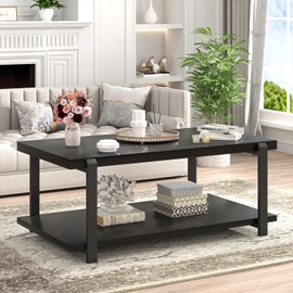 FOLUBAN Black Coffee Table, Modern Rustic Wood Center Table with Storage for Living Room, Industrial Rectangle 2 Tier Cocktail Tea Table, Black Oak