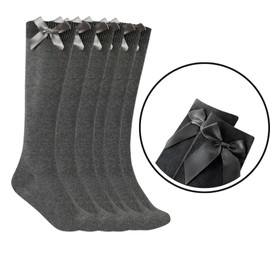 J&A MARTS® 3 Pairs Girls Knee High School Socks, Cotton Socks With Fluffy Ribbon Bows Back to School Kids Uniform Party Wear Long Comfort Fit Stockings (UK 12-3, GREY)