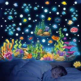 Glow in The Dark Under The Sea Wall Decals, Coral Reef Seaweed Ocean Fish Wall Stickers, Luminous Removable Underwater Sea Life Stickers for Kids Boys Nursery Bedroom Watercolor Ocean Creatures Decor