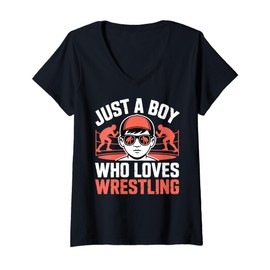 Womens Just A Boy Who Loves Wrestling Wrestler Kid Wrestling V-Neck T-Shirt