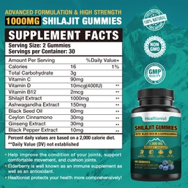Healtionist 2 Packs 1000 MG Shilajit Supplement Gummies with 85+ Trace Minerals, Fulvic Acid, Pure Organic Shilajit Himalayan Gummy for Men & Women, Energy, Brain, Immunity Suport - 120 Counts