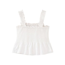 WDIRARA Girl's Smocked Ruffle Hem Tank Top Square Neck Flared Sleeveless Top White 11Y