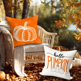 Benjia Outdoor Fall Throw Pillow Covers 22x22 Set of 4, Decorative Waterproof Oxford White and Orange 22 x 22 inch Holiday Cushion Cases Home Outside Porch Decor Decoration (Style 01)