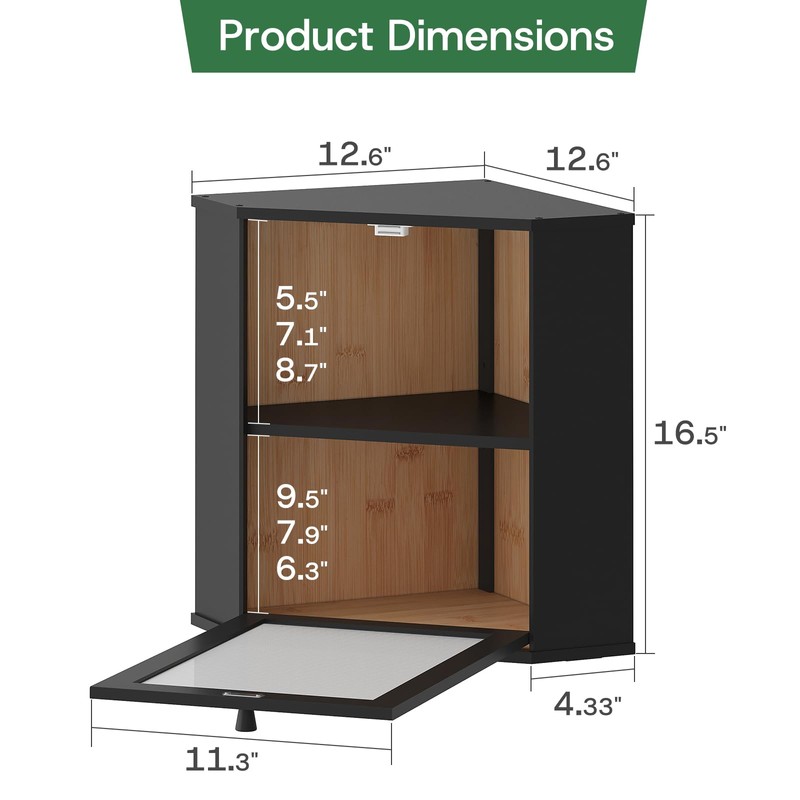 Black Corner Bread Box for Kitchen Countertop-Bamboo Wood 2-Tier