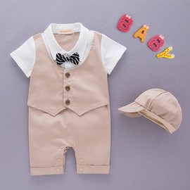 NYAN CAT Baby Boy Suit Toddler Short Sleeve Rompers Infant Outfit Onesie Suit Vest with Tie and Hat Beige 12-18 Months