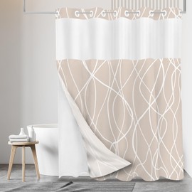 Tititex No Hooks Snap in Liner Abstract Curve Lines Cream White Shower Curtain, Hotel Luxury Double Layers Without Hooks Waterproof Fabric & See-Through Top Window Bathroom 71x71 Inch