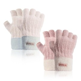 EUPSIIU 2 Pairs Fingerless Gloves, Fingerless Mittens Hand Warmer, Knitted Warm Winter Gloves, Driving, Camping, Hiking, Running, Cycling for Men and Women, One Size (Pink, Beige), Pink, beige