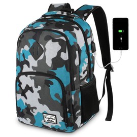 YAMTION School Backpack for Teen Boys,Bookbag for High School College Backpack with USB,Camouflage Blue