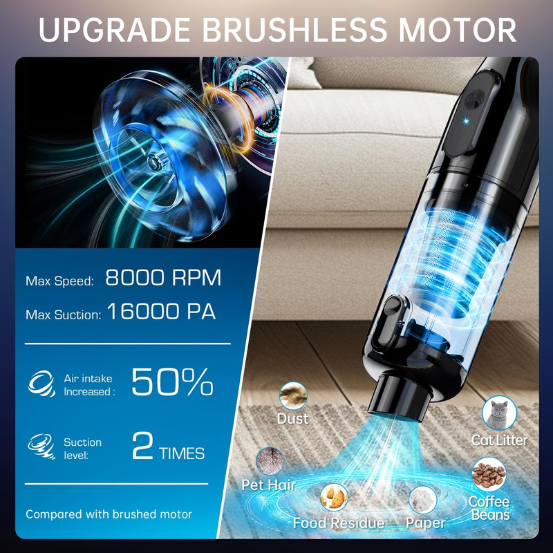 Handheld Vacuum Cordless, Car Vacuum with 16000Pa Powerful Suction, Lightweight
