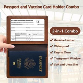 Passport Holder for 2, Passport Cover Wallet Case for Women Men, Ultra Slim Genuine Leather Passport Holder with RFID Blocking and Vaccine Card Slot-Fathers Day dad Gifts (Black-Brown)