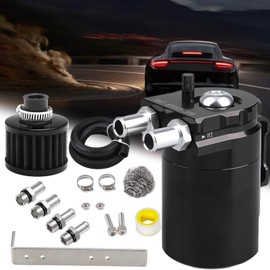 PWR FEVER Upgraded Baffled Oil Catch Can with Breather Filter Kit Aluminum Reservoir Tank with 3/8" Strengthened NBR Fuel Line Black 400ml