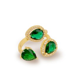 Mycitta Fashion Statement Adjustable Ring Women Gold Plated Emerald Green Teardrop CZ Cubic Zirconia Crystal Lucky Decor Expandable Open Rings Wedding Bridal Costume Jewelry Party Prom
