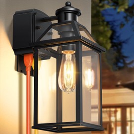 Porch Light with GFCI Outlet, 14'' Large Motion Sensor Outdoor Lights for House, Waterproof Exterior Lighting Fixtures, Black Anti-Rust Outside Wall Mount Sconce for Patio Front Door Entryway, E26