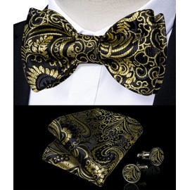 DiBanGu Mens Silk Self Bow Ties,Woven Solid Striped Paisley Bowtie and Pocket Square Cufflinks Set for Men Tuxedo Wedding, Black and Metallic Gold