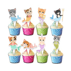 24 Pcs Mermaid Cat Cupcake Toppers for Kids Birthday Party Decorations – Cute Mercat Themed Cupcake Picks for Ocean Party, Baby Shower, and Underwater Celebration