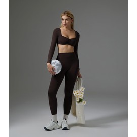 OMKAGI 2 Piece Workout Sets for Women Long Sleeve Padded Sports Bra High Waisted Gym Outfits with Pocket(XS,441-Coffee)