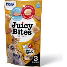 INABA Juicy Bites Grain-Free, Soft, Moist, Chewy Cat Treats with Vitamin E and Green Tea Extract, 0.4 Ounces per Pouch, 3 Pouches Total, Fish and Clam Flavor