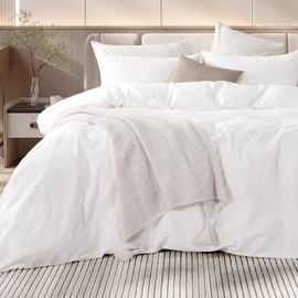 NEXHOME PRO Duvet Cover Set Oversized Queen 98"x98" Linen Look Textured White Organic Natural 100% Washed Cotton Duvet Cover 3 Pieces Bedding Set Zipper Closure, Breathable, Soft (No Comforter)
