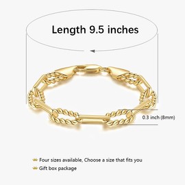 TINI ARANDA Gold Bracelets for Women & Men Cable Link Paperclip Chain Bracelet for Women Dainty Gold Bracelet Stack Textured Gifts 6.5'' 7.5'' 8.5'' 9.5'' (9.5 IN)