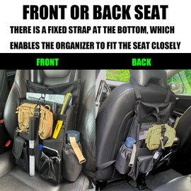 Seat back organizer with dedicated tablet and laptop storage stabilizers external stabilizing side straps soft adjustable shoulder straps and hardened buckles (Black Seat Organizer)