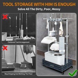 QTJH Broom mop holder cleaning supplies organizer janitorial carts on wheels housekeeping station storage tools for garage, garden, closet, cabinet.