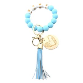 Fuqimanman2020 MAMA Keychain Silicone Bead Wooden MAMA Tag Bracelet PU Tassel Key Ring Wristlet Keychain Mother’s Day Gift-blue