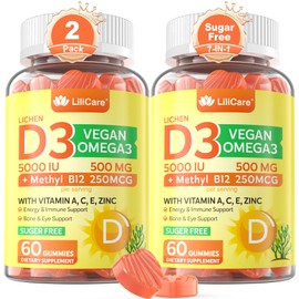 LILICARE Sugar Free Vitamin D3 5000 IU Gummies + Methyl B12 Vitamins + Vegan Omega 3, Vegan Organic Vitamin D Gummies for Women Men with Vitamin ACE & Zinc for Energy, Mood, Muscle & Immune Support, 120Cts