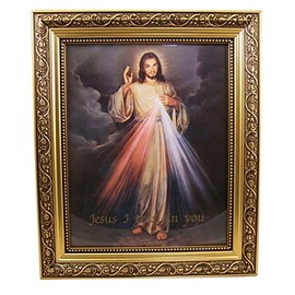 Gerffert The Divine Mercy Jesus Christ Print in 13 Inch Gold Finish Frame