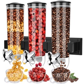 Triple Food Dispenser Wall Mounted Cereal Dispenser, Grains Dispenser Wall Mounted Dry Food Dispenser with 3 Cup, Candy Dispenser Snack Container for Kitchen Store Nut Coffee Beans 4.5L