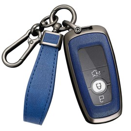 HIBEYO Key Case Cover for Ford Explorer Fusion Escape F150 F250 F350 F450 F550 Edge Accessories with Keychains Alloy PU Leather Material Key Fob Holder Protector-Black Blue