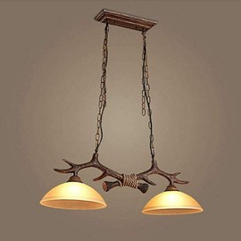 Chandelier Ceiling Light - 2 Heads Deer Horn Pendant Lamp Resin Antler Vintage Rural Countryside Style Chandelier Hanging Light for Home, Bar, Restaurant, Cafe, Dining Room, fits E26 Bulbs