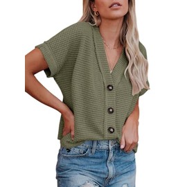 Dokotoo Button Up Tops for Women Trendy Fashion 2024 Waffle Knit Green Blouse Dressy Casual V Neck Tee Top Loose Fit Boyfriends Jacket Short Sleeve Solid Color Cute Summer Shirts Small