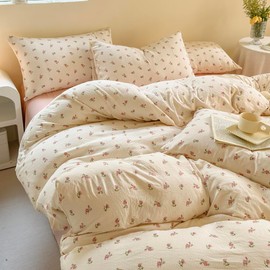 Covebett Pink Floral Duvet Cover Single Beige Pink Flowers Meadow Bedding Set Kids Girls Kawaii Botanical Washed Microfiber Comforter Cover 135x200 cm with Zipper Closure and 1 Pillowcase 50x75 cm