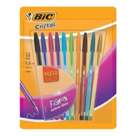 Pluma Lapicero Bic Cristal Fashion Escritura Colorida 1.2 Mm 10 Pzs Mix de Colores