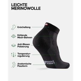DANISH ENDURANCE Short Merino Hiking Socks, Lightweight Outdoor & Trekking Socks, Padded, Anti-Bubble, Sweat-Wicking, for Men & Women, 3 Pairs, black