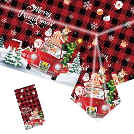 MORAINJAY Christmas Tablecloth,137x274cm Large Xmas Car Red Checkered Table Cloth,Rectangle Waterproof Plastic Party Table Cover for Christmas Party Dinner,Winter Holiday,Christmas Table Decorations