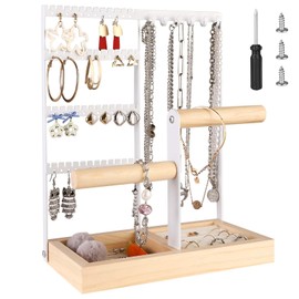 Jewellery Stand, Jewellery Organiser, Chain Holder Made of Wood and Metal, 4-Tier Jewellery Holder Display Rings, Earrings, Bracelets, Watches and Accessories