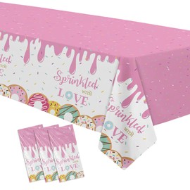 Suhelkit Donut Baby Sprinkle Decorations Girl Tablecloth - Sprinkled with Love Baby Shower Decorations Supplies Table Cover, Pink Donut Baby Shower Decorations Table Cloth | 3 Pack (54in x 108in)