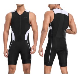 Santic Men's Triathlon Suit Padded One-Piece Sleeveless Pro Triathlon Suit Racing Trisuit Short Sleeve Cycling Suit for Cycling Swimming Running, White, M