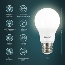 Linkind Ultra Efficient E27 Matte Bulb, 3.8 W = 60 W, 4000 K Neutral White with Energy Class A, Not Dimmable A60 Edison 806 Lm, 200° Angle, Energy Saving E27 LED Bulbs, Pack of 6