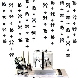 Black 16th Bow Birthday Decorations Metallic Conquette Bow Garland Streamer Banner Backdrop for Girls Boys Happy 16th Birthday Sweet Sixteen Cheers to 16 Years Old Anniversary Party Supplies
