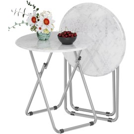 Fleecy day TV Tray Table, Round Folding Table, Foldable Snack Tray for Eating, Small Folding Table Set of 2, Dinner Table for Couch, Living Room, Small Space (White Marble, 2Pcs)