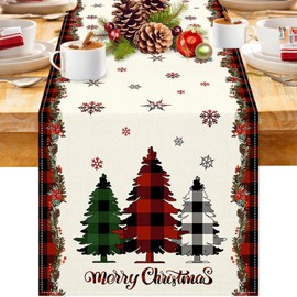 Camino de Mesa Navidad, 33×230cm Decoración de Mesa Comedor para Navideño, Mantel de Mesa Caminos de Feliz Navidad, Copo de Nieve, árboles de Navidad para el Hogar, Invierno, Interiores y Exteriores